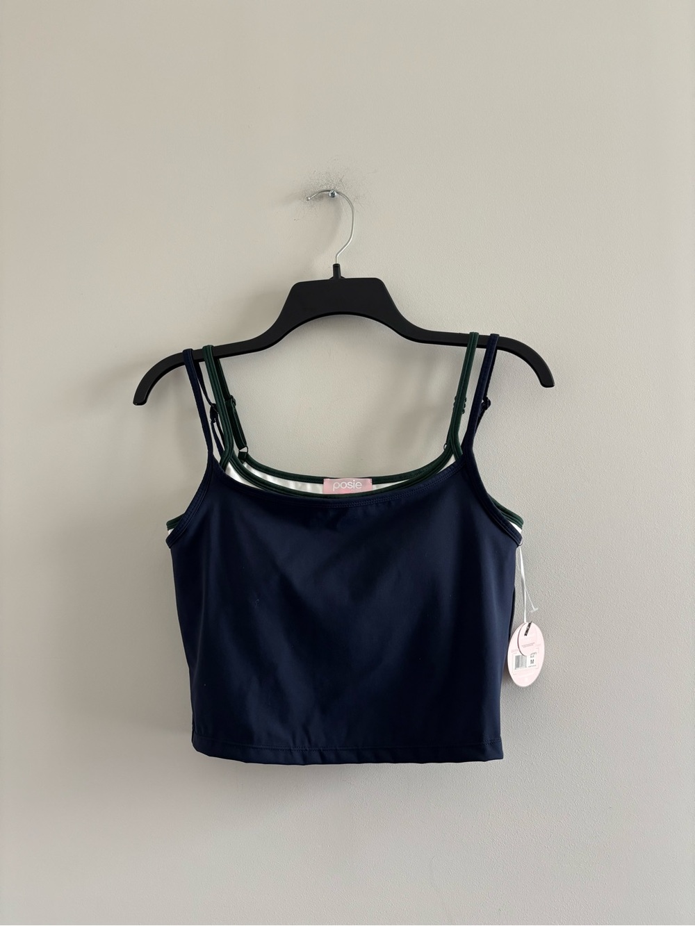 Posie Active Tank Top Crop Double Layer Bra Padded Navy Blue White Womens M NWT